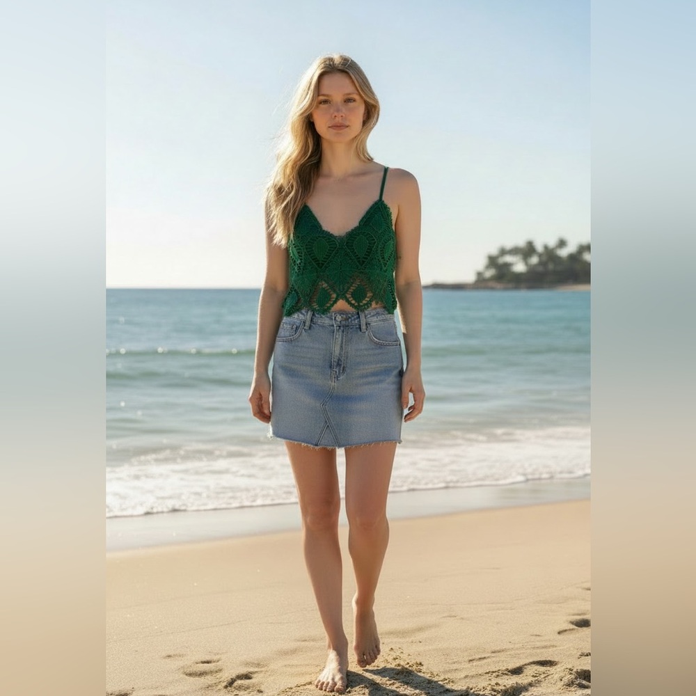 Green Crochet Camisole Adjustable Spaghetti StrapTop